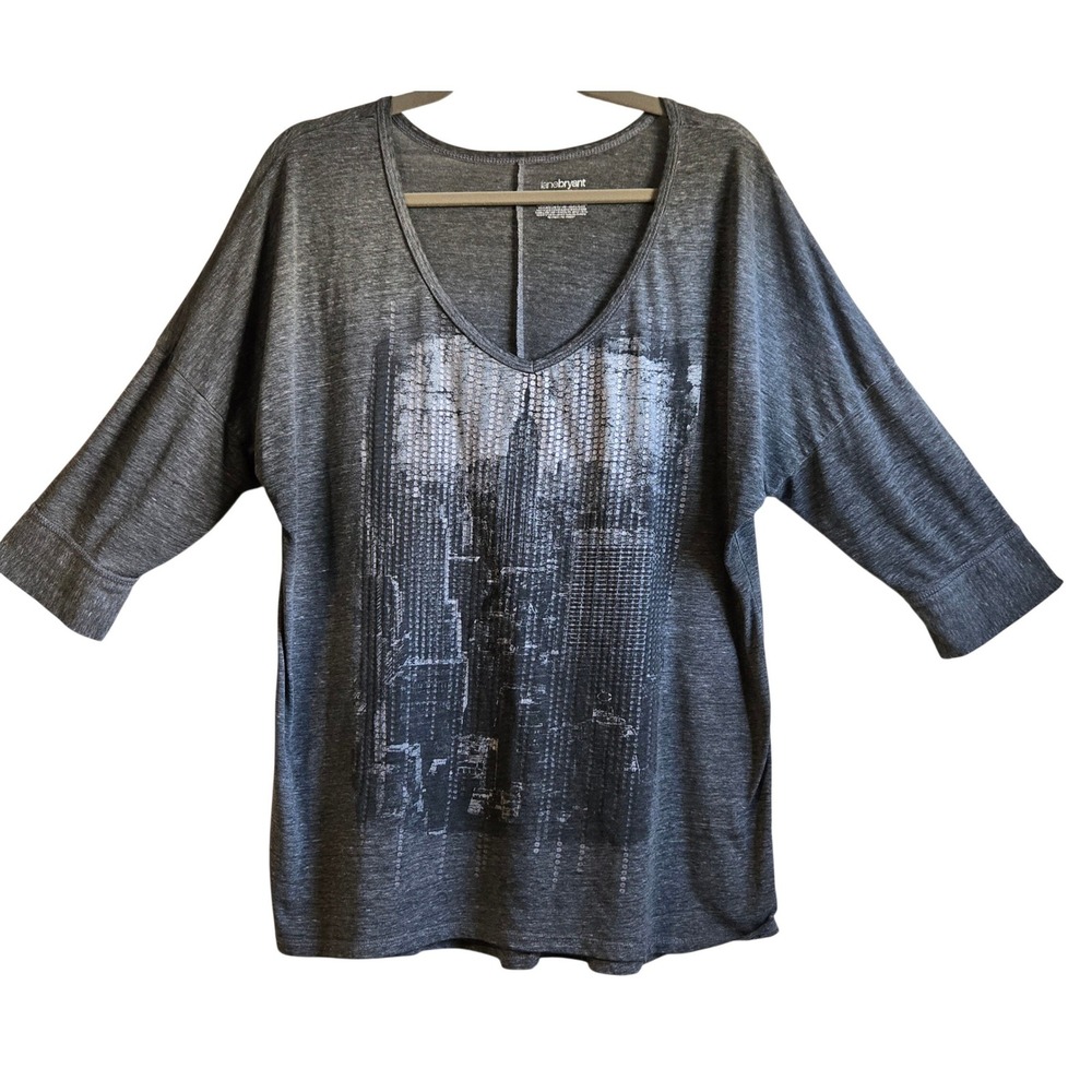 Lane Bryant Womens Gray NYC Skyline Graphic V-Neck Dolman 3/4 Sleeve Top 14/16